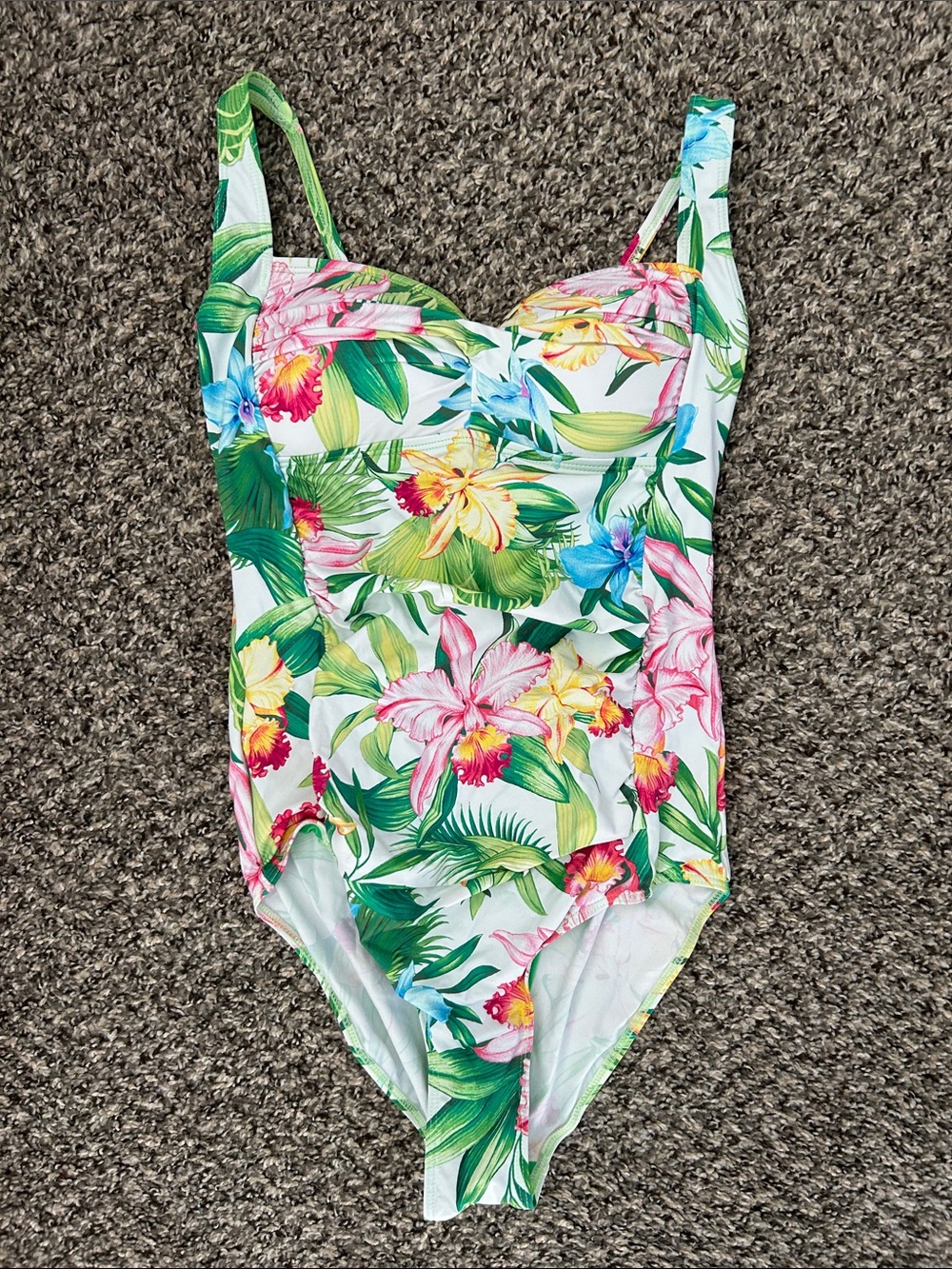Womens Floral One-Piece Swimsuit - White with Pink & Green Floral Print